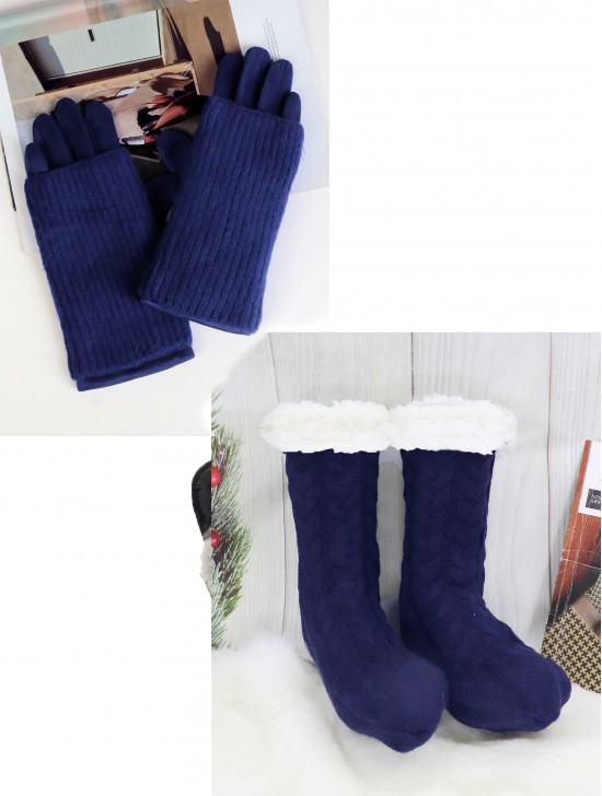 Knitted Double Layer Touch Screen Glove + Cable Knitted Indoor Anti-Skid Slipper Socks Set (GL121709NAY + SC1134-04)